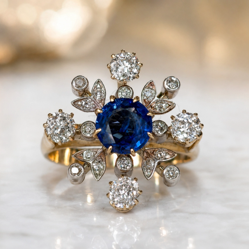 antique Edwardian sapphire and diamond cocktail ring in 18ct gold for sale in Leeds