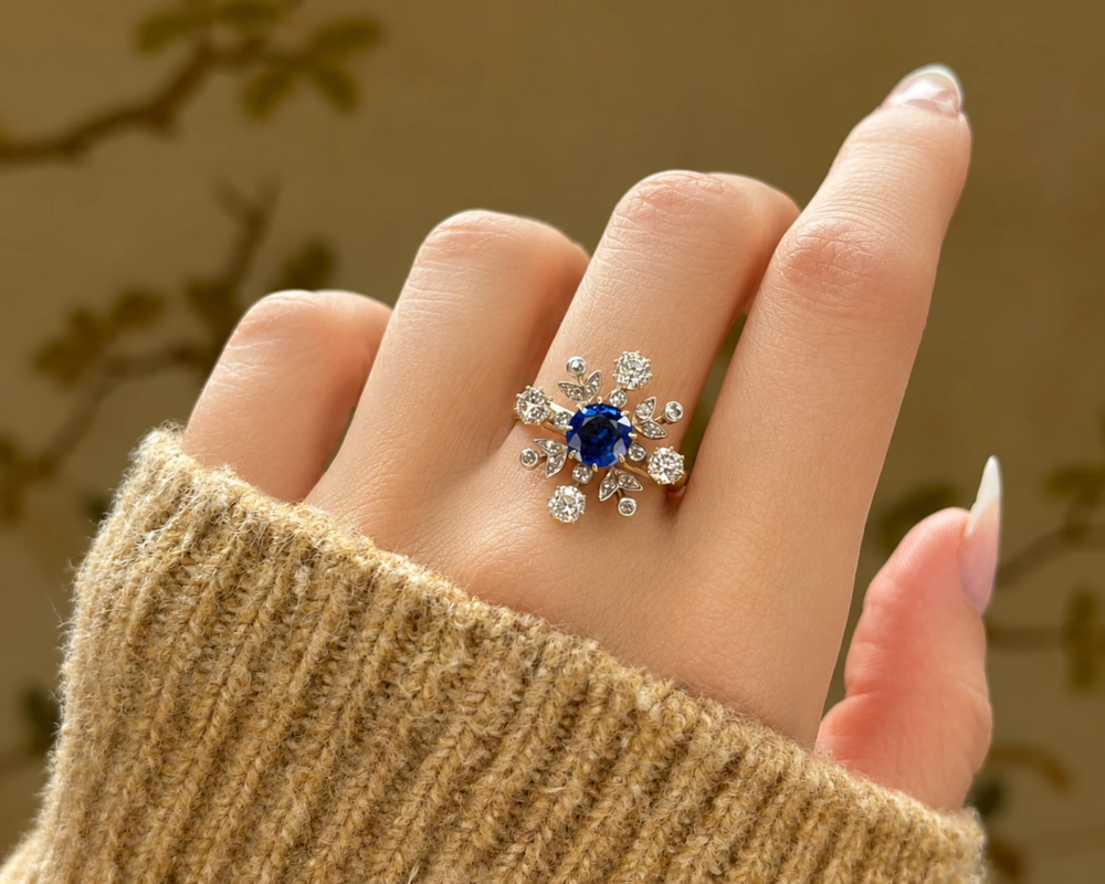 antique Edwardian sapphire and diamond cocktail ring in 18ct gold for sale in Leeds on hand