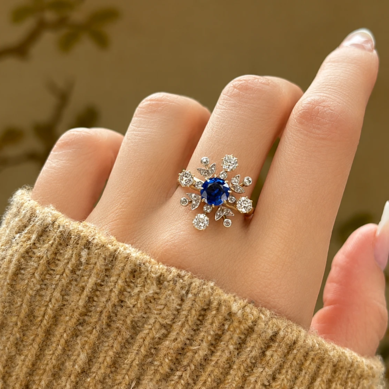 antique Edwardian sapphire and diamond cocktail ring in 18ct gold for sale in Leeds on hand