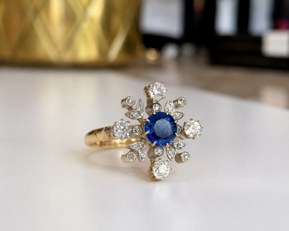 antique Edwardian sapphire and diamond cocktail ring in 18ct gold for sale in Leeds