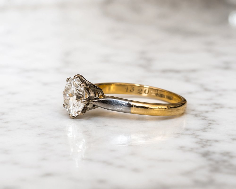 antique Art Deco 1.5ct diamond solitaire for sale in Leeds, showing side of the ring