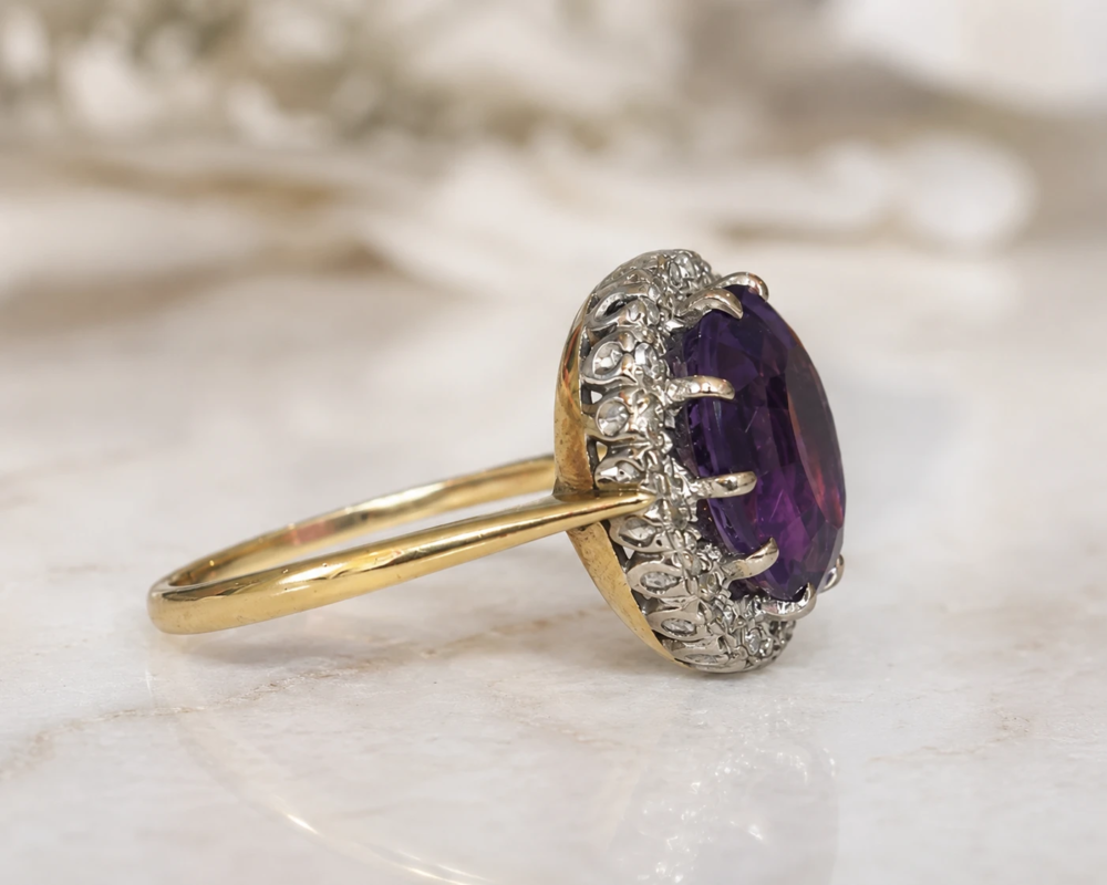 antique 1920s amethyst cluster ring in 18ct gold for sale in Leeds side profile