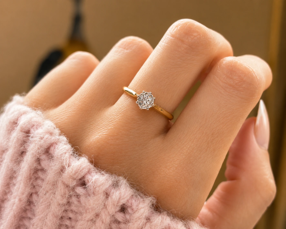 antique 1930s diamond solitaire with approx 10 points of a carat. Shown on a model's finger