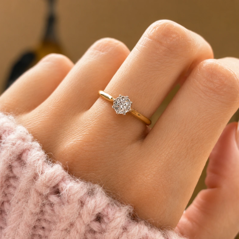 antique 1930s diamond solitaire with approx 10 points of a carat. Shown on a model's finger