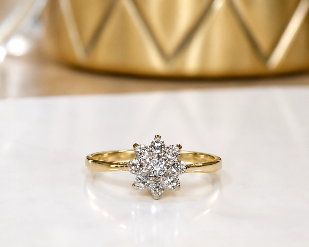 vintage star shaped diamond cluster ring in 18ct yellow gold for sale in Leeds