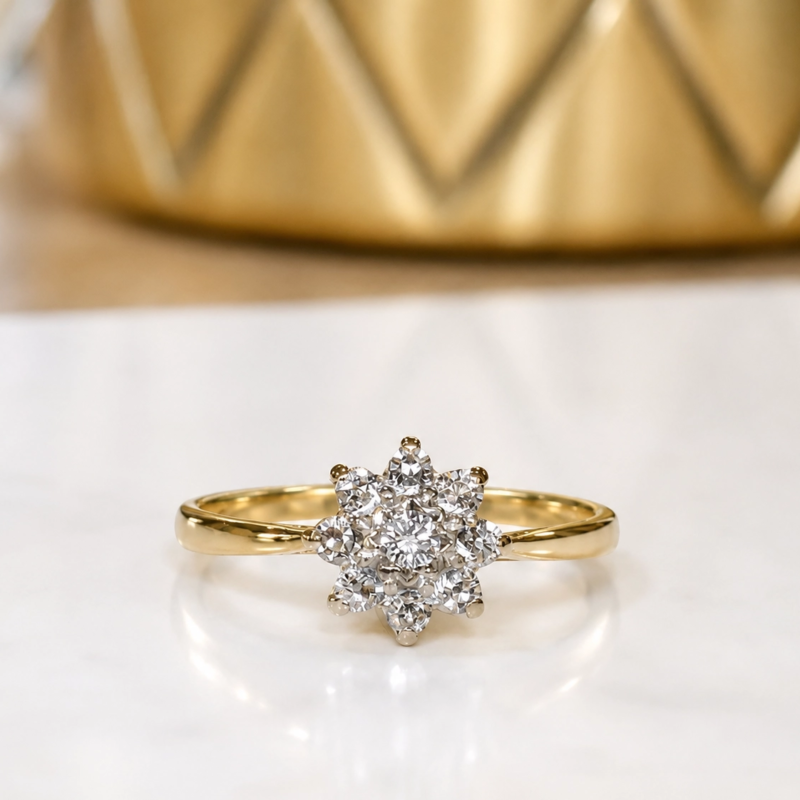 vintage star shaped diamond cluster ring in 18ct yellow gold for sale in Leeds