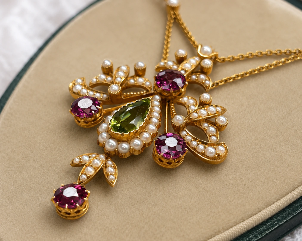 suffragette necklace in box antique Edwardian suffragette necklace in 15ct gold with peridot, amethyst and seed pearl in its orginal box for sale in Leeds