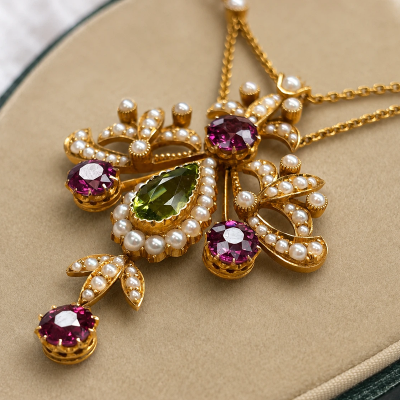 antique Edwardian suffragette necklace in 15ct gold with peridot, amethyst and seed pearl in its orginal box for sale in Leeds