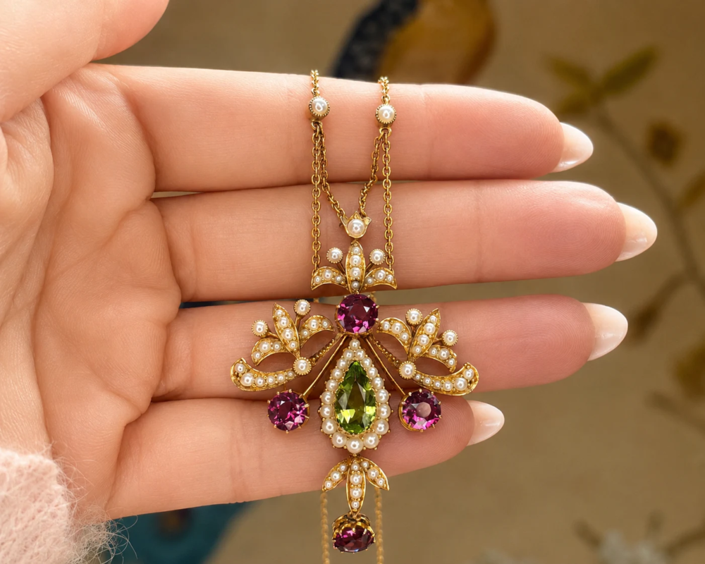 antique Edwardian suffragette necklace in 15ct gold with peridot, amethyst and seed pearl in its orginal box for sale in Leeds, being held in a model's hand