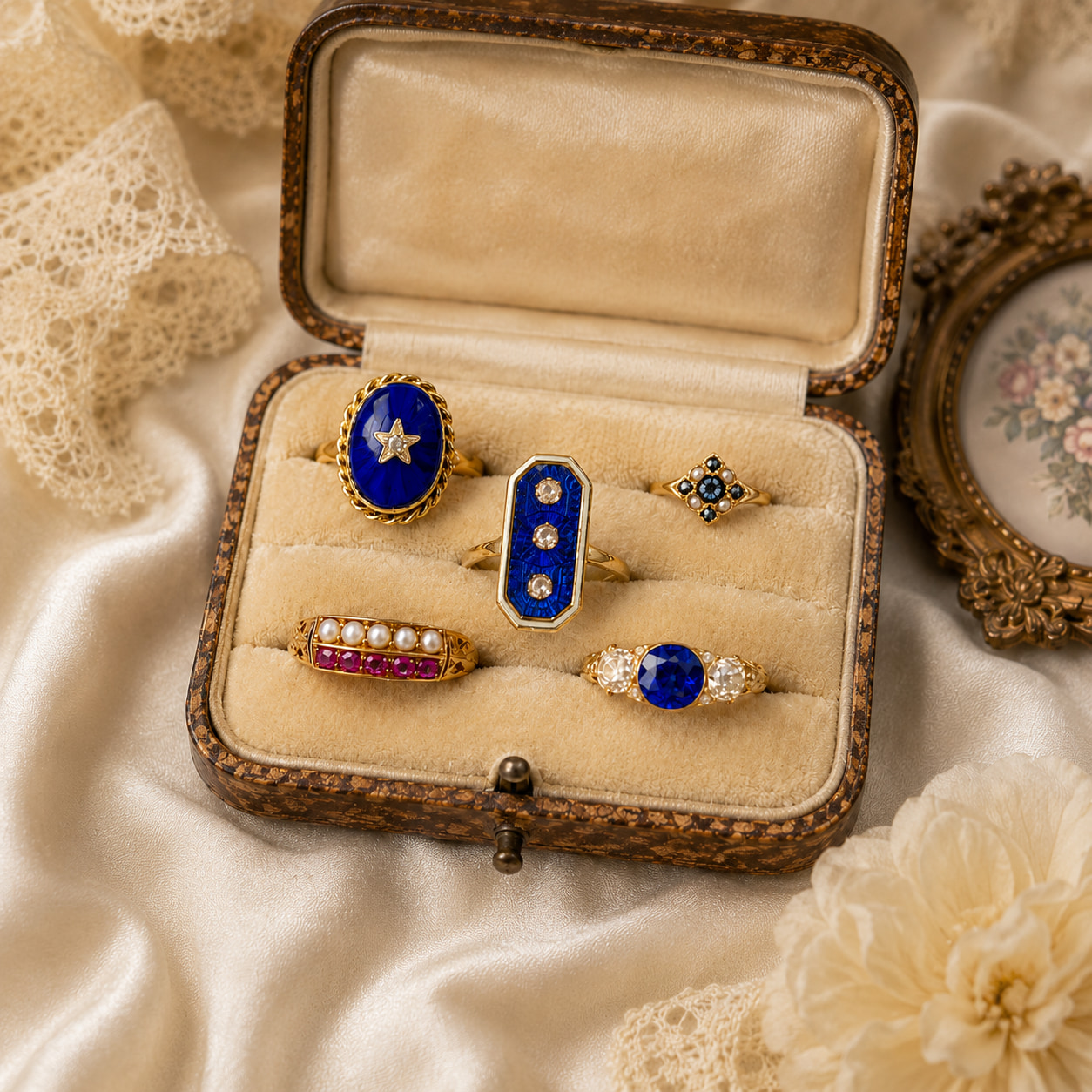 an antique ring tray full of Victorian rings