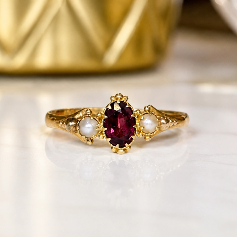 antique Victorian ruby and pearl ring in 18ct gold dated 1850 for sale in Leeds