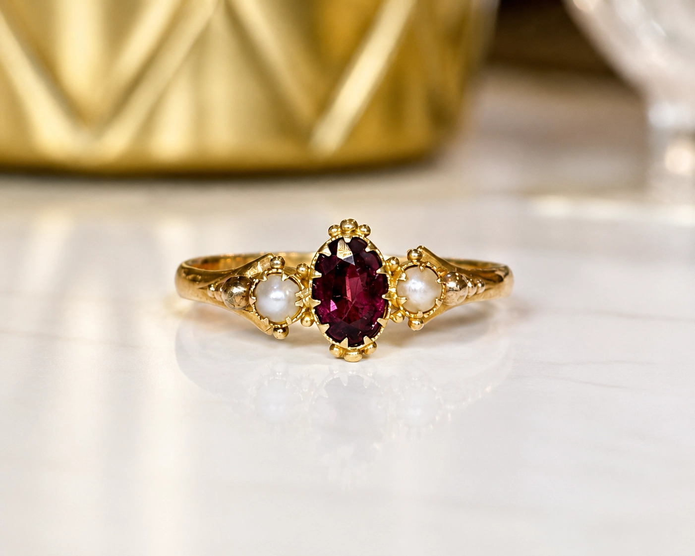 antique Victorian ruby and pearl ring in 18ct gold dated 1850 for sale in Leeds
