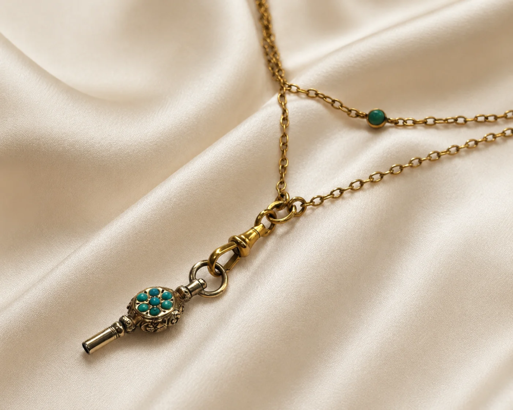 antique Victorian 9ct gold and turquoise long chain and key pendant for sale in Leeds
