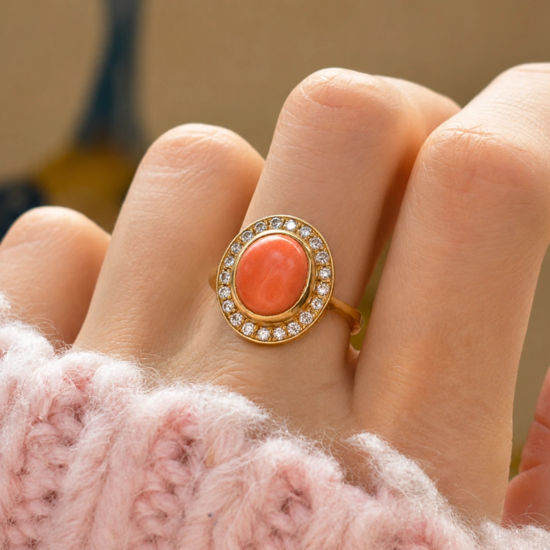 vintage coral and diamond ring in 18ct gold for sale in Leeds on hand