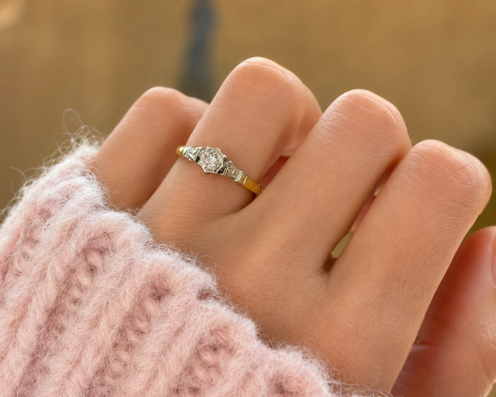 vintage diamond ring in 18ct yellow gold and platinum dated 1971 for sale in Leeds. On model's hand