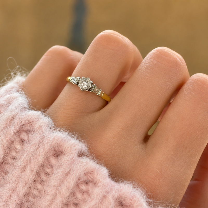vintage diamond ring in 18ct yellow gold and platinum dated 1971 for sale in Leeds. On model's hand
