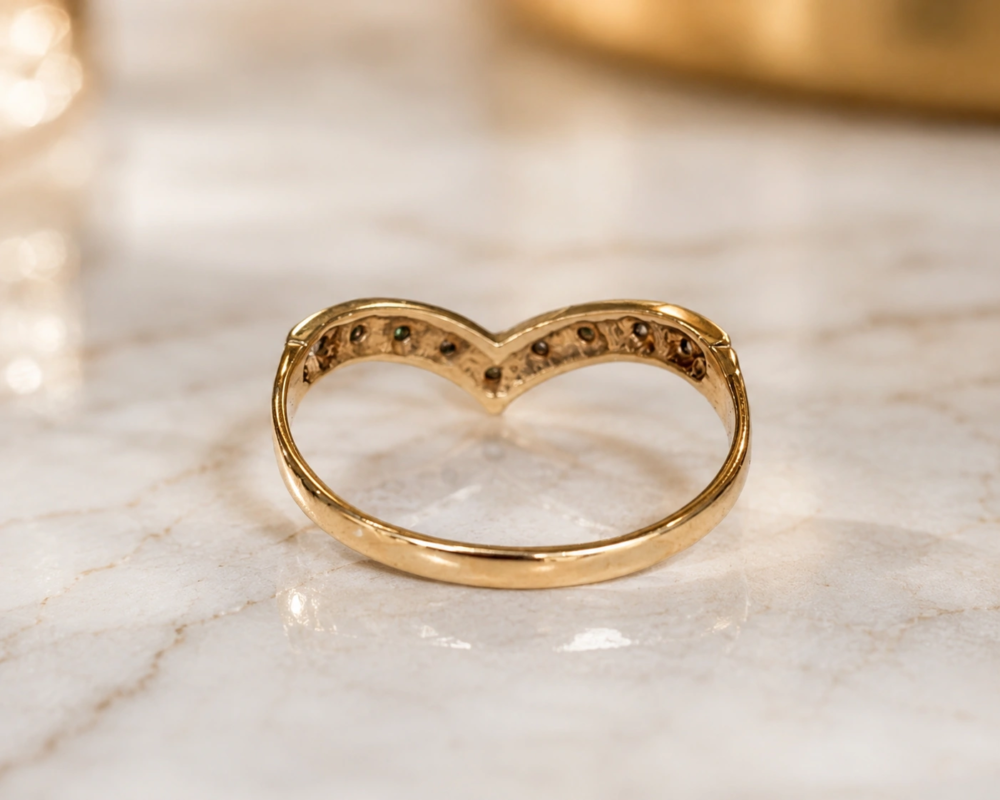 vintage diamond wishbone ring in 9ct yellow gold for sale in leeds, showing rear view of the ring