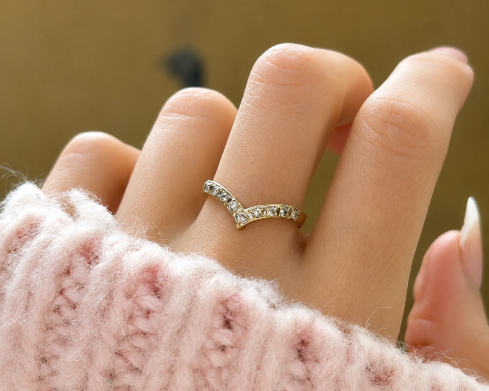 vintage diamond wishbone ring in 9ct yellow gold for sale in leeds shown on model's hand