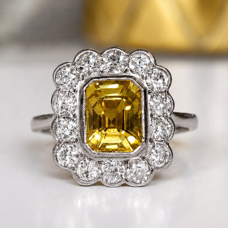 3ct yellow sapphire and diamond cluster ring for sale in Leeds