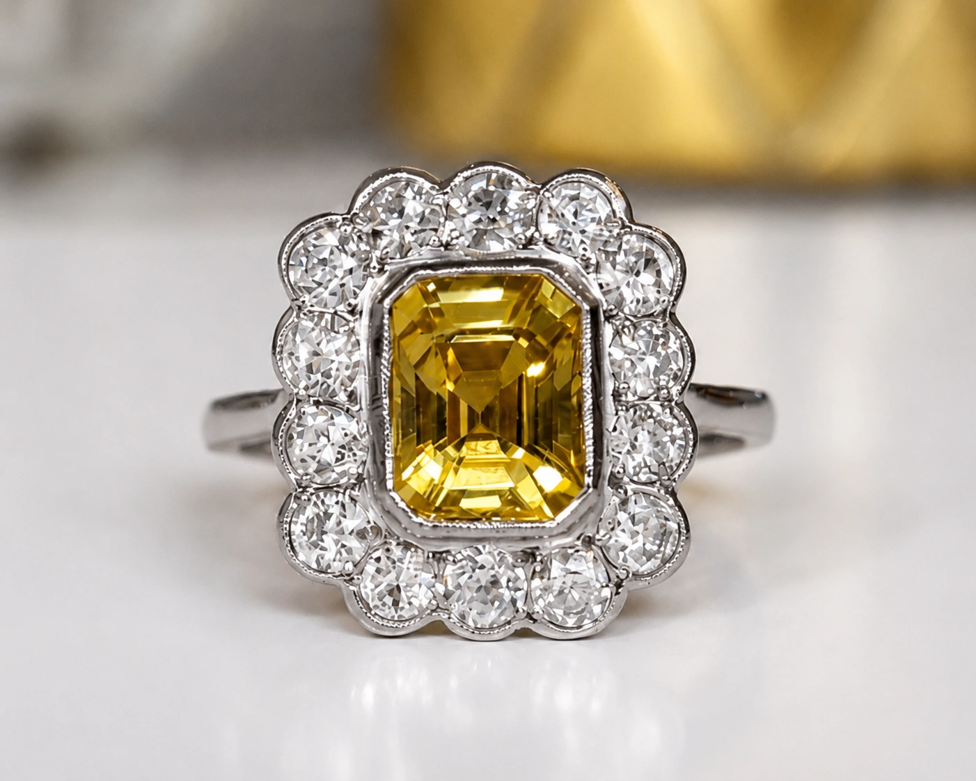 3ct yellow sapphire and diamond cluster ring for sale in Leeds