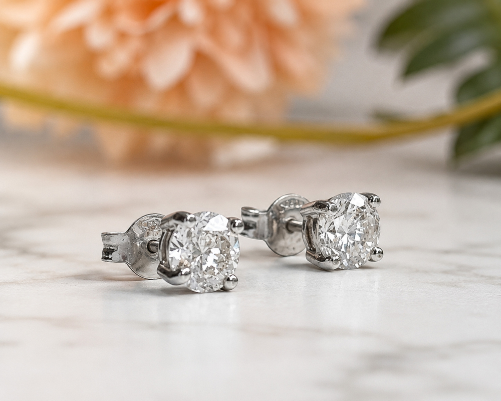 vintage 1.66ct diamond studs in 18ct white gold circa 1970s for sale in Leeds showing side view