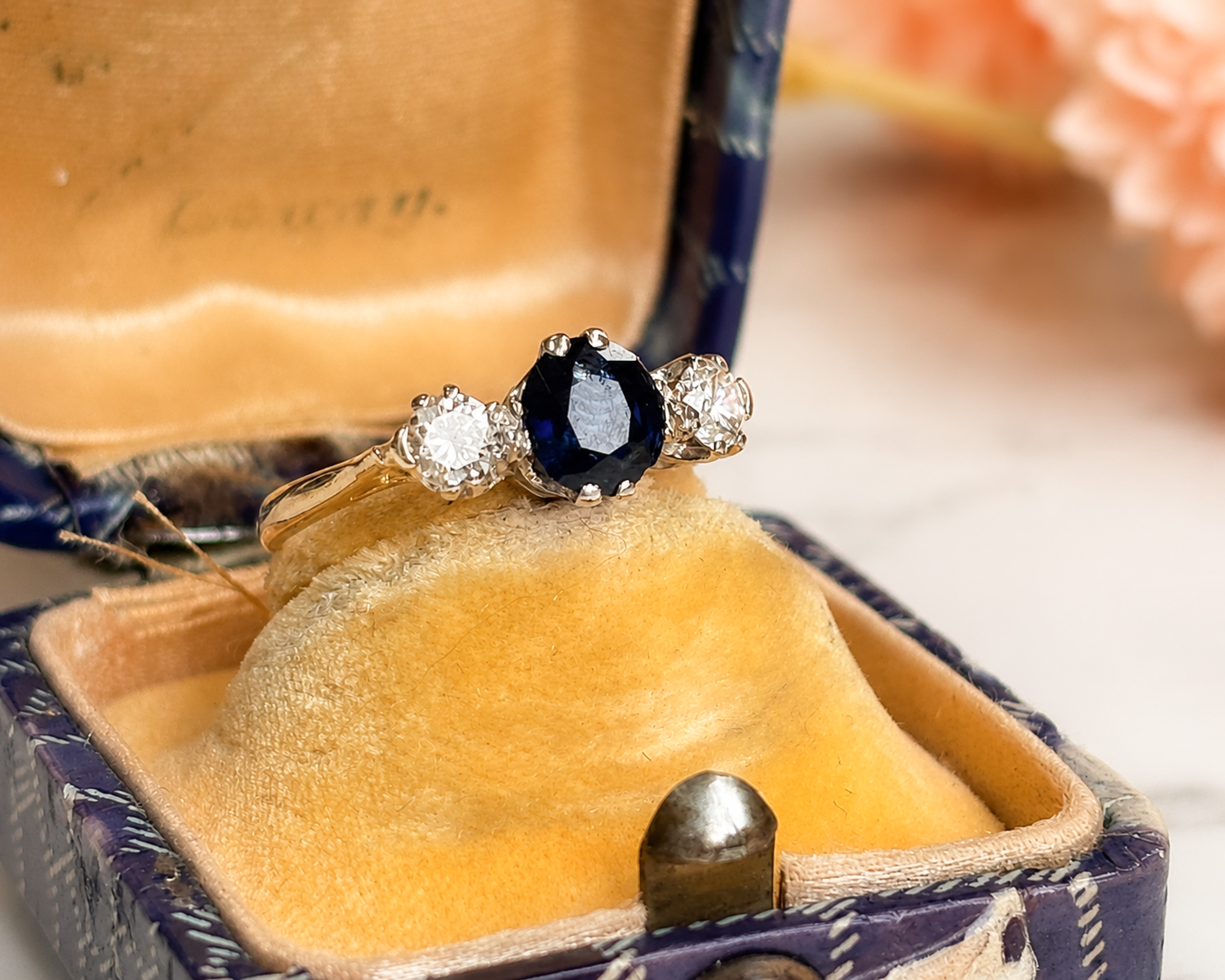 1930s sapphire 3 stone in box