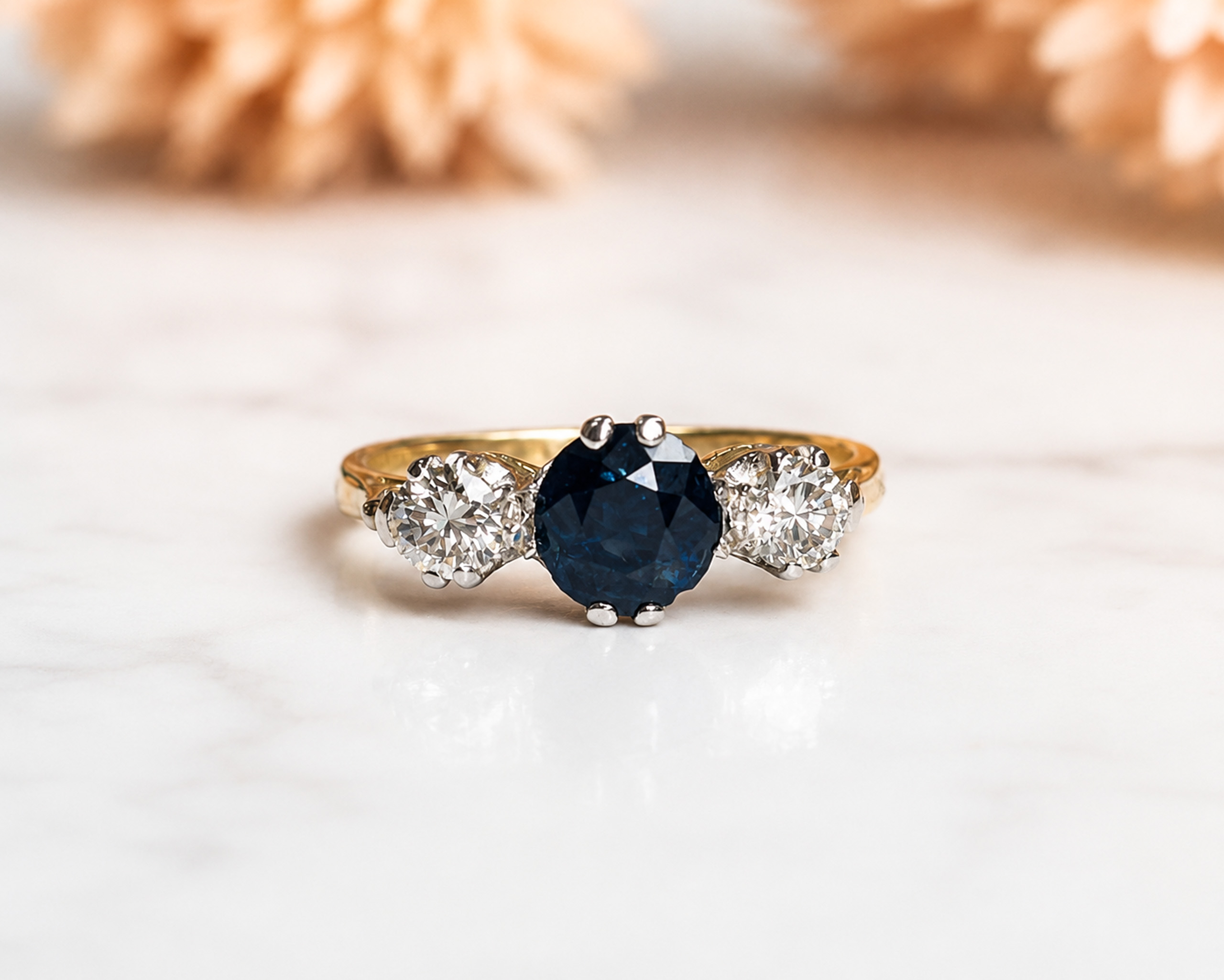antique 1930s sapphire and diamond three stone ring in 18ct yellow gold and platinum for sale in Leeds