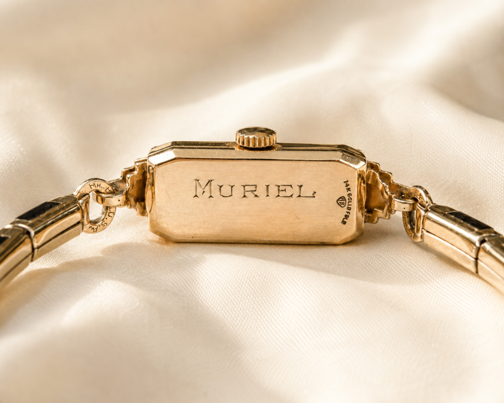 1940s vintage cocktail watch by Pallas, with onyx and diamond in 14ct gold for sale in Leeds, showing inscription on the back of the case