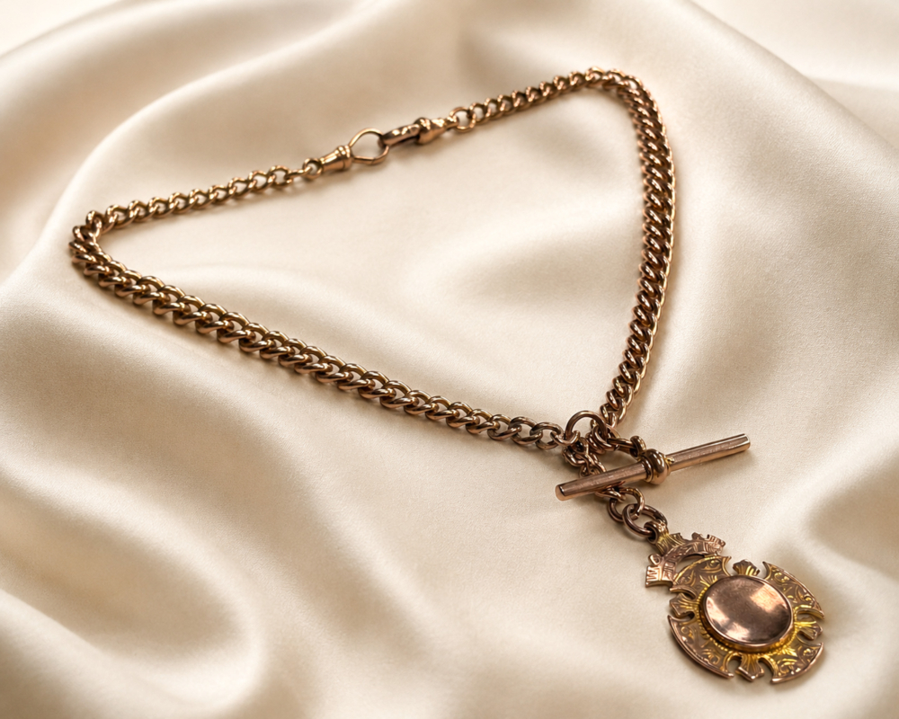 antique Edwardian 9ct gold albert chain with medal, t bar and dog clips