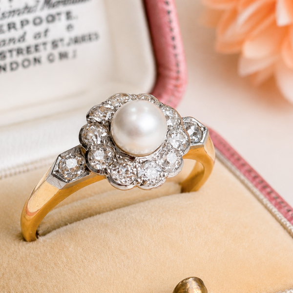 Edwardian pearl and old cut diamond ring in 18ct yellow gold and platinum, for sale in Leeds. In a pink antique box