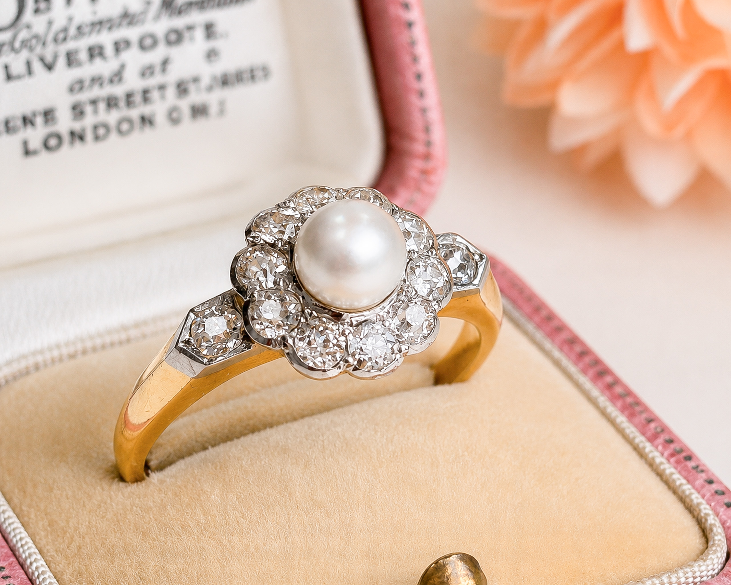 Edwardian pearl and old cut diamond ring in 18ct yellow gold and platinum, for sale in Leeds. In a pink antique box