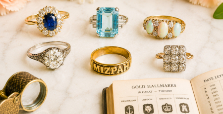 antique jewellery flatlay featuring antique rings, a loupe and a hallmarking book