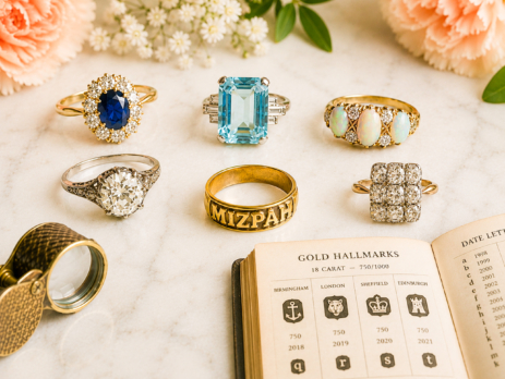 antique jewellery flatlay featuring antique rings, a loupe and a hallmarking book