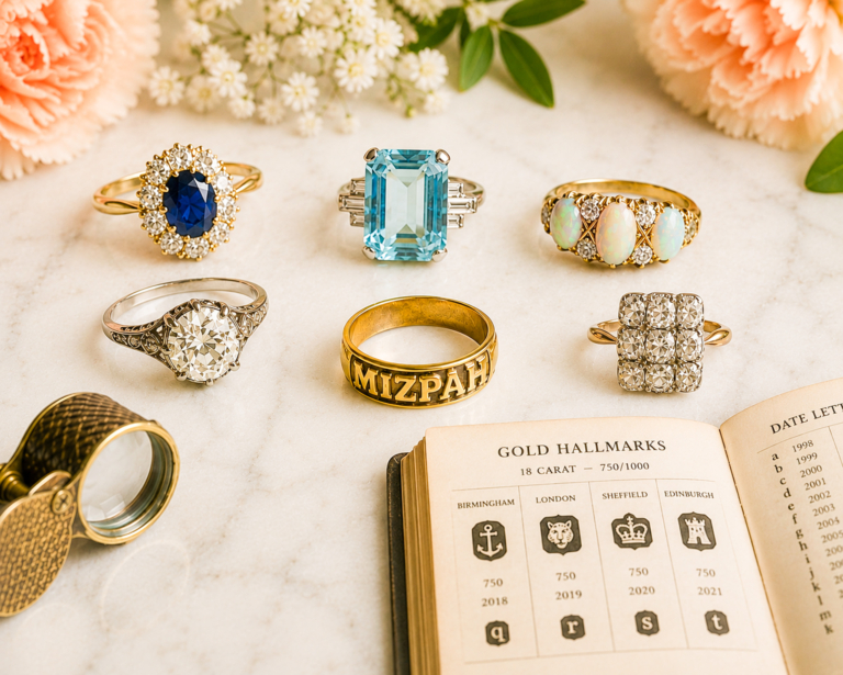 antique jewellery flatlay featuring antique rings, a loupe and a hallmarking book