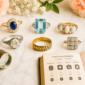 antique jewellery flatlay featuring antique rings, a loupe and a hallmarking book