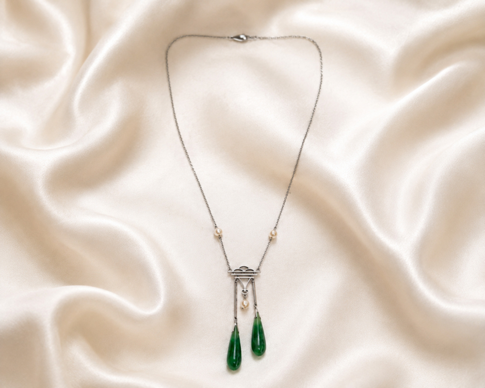 art deco jade and pearl necklace on silk antique 1930s Art deco jade and pearl necklace in 9ct white gold for sale in Leeds