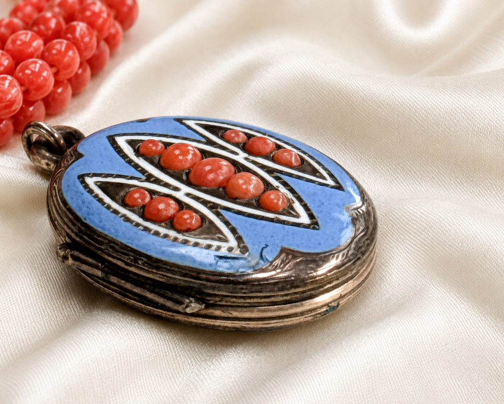 Victorian coral beads with enamel locket for sale in Leeds