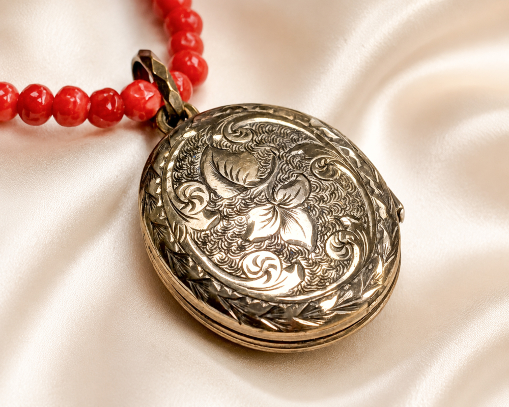 Victorian coral beads with enamel locket for sale in Leeds, showing back of the locket