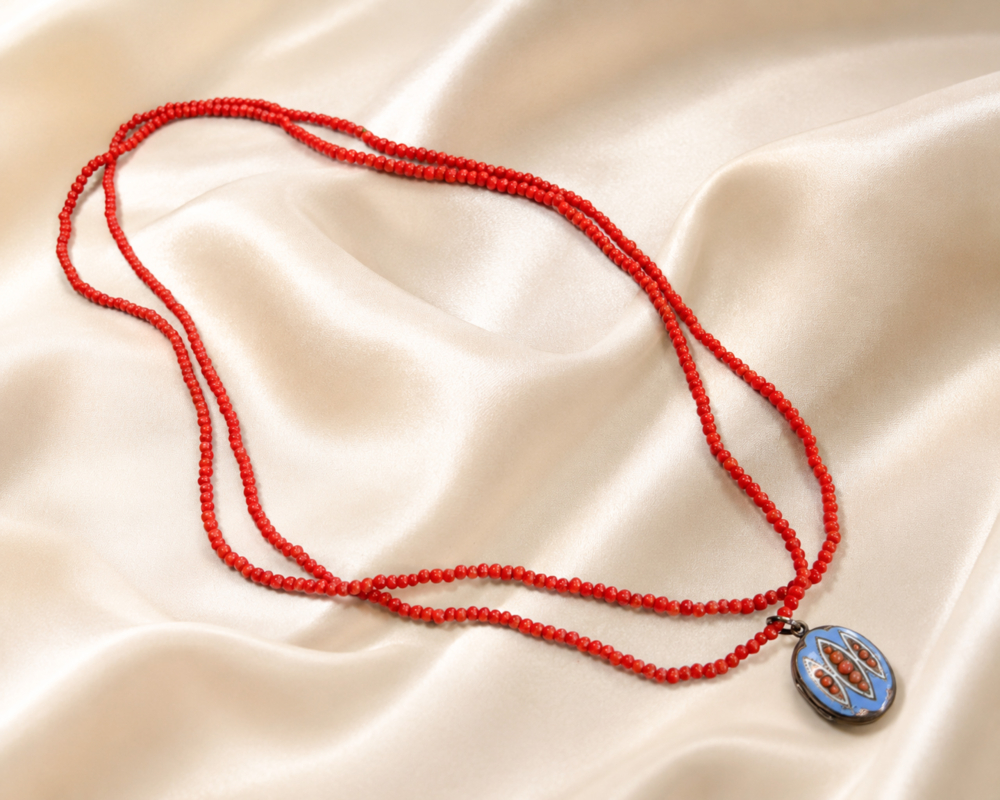 coral beads with locket Victorian coral beads with enamel locket for sale in Leeds