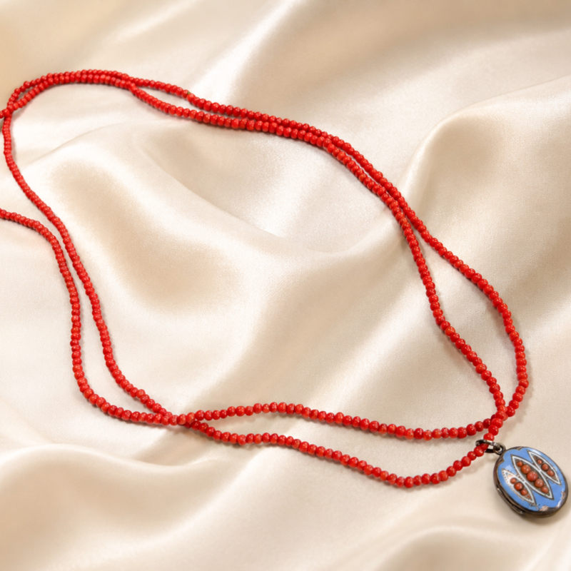 Victorian coral beads with enamel locket for sale in Leeds