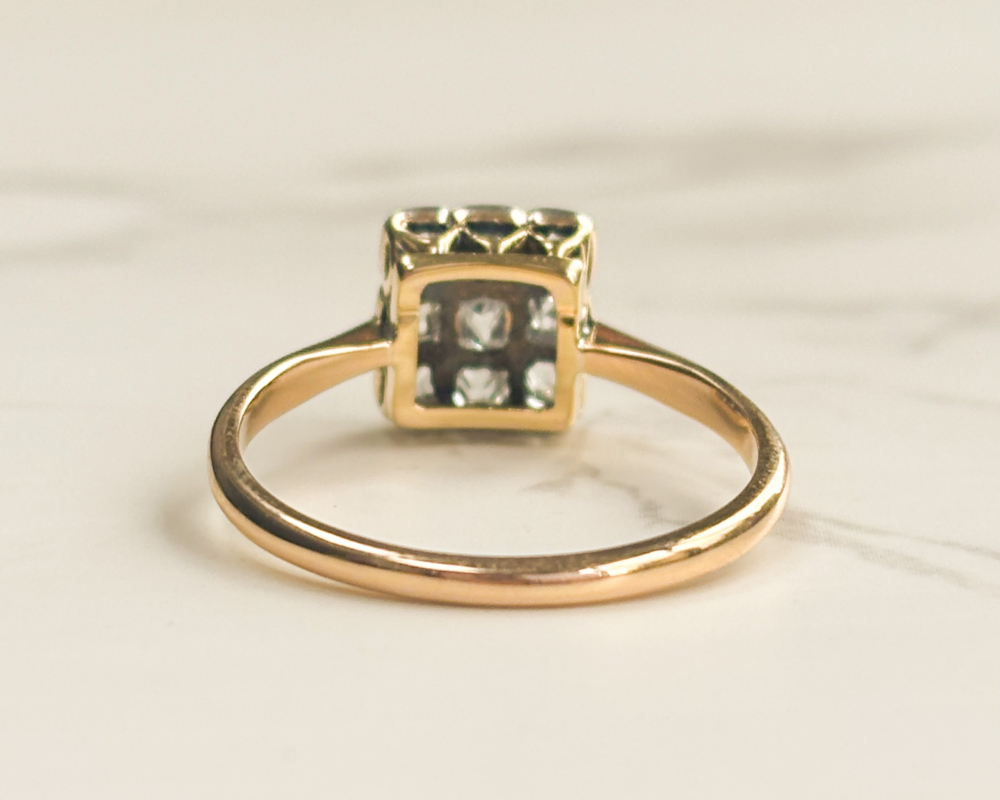 Art deco diamond panel ring in 18ct gold and platinum for sale in Leeds, showing back of the ring