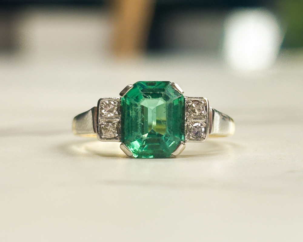 green tourmaline and diamond ring antique Art Deco green tourmaline and diamond ring in 14ct gold and platinum for sale in Leeds