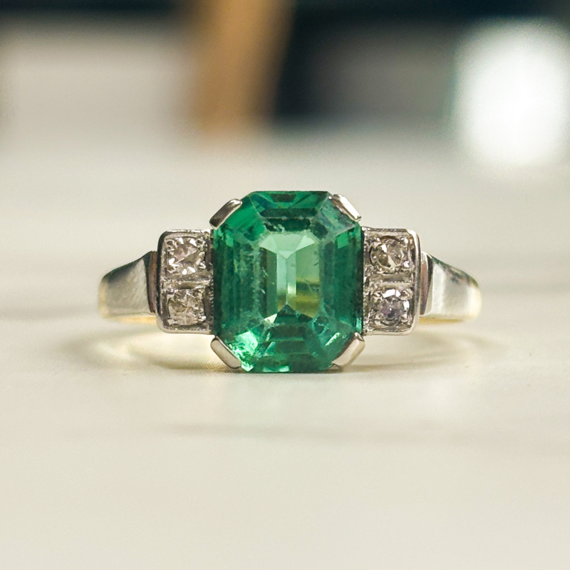 antique Art Deco green tourmaline and diamond ring in 14ct gold and platinum for sale in Leeds