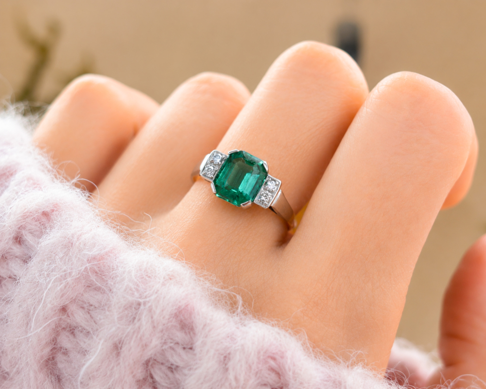 antique Art Deco green tourmaline and diamond ring in 14ct gold and platinum for sale in Leeds shown on model's hand