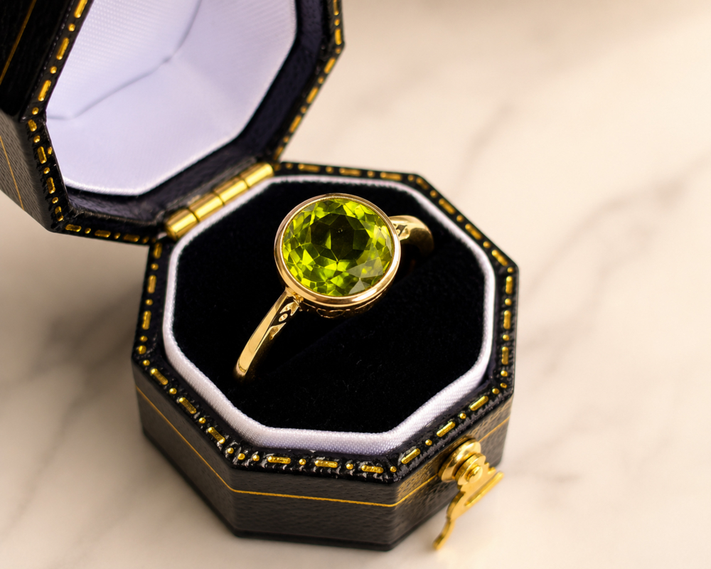 modern 9ct gold peridot ring with bezel setting for sale in Leeds, in black box