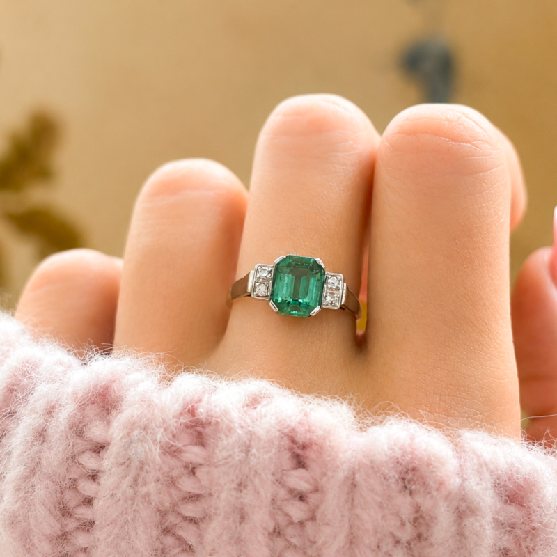 antique Art Deco green tourmaline and diamond ring in 14ct gold and platinum for sale in Leeds shown on model's hand