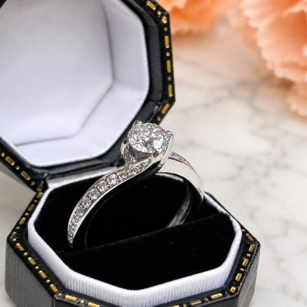 pre-owned Rox diamond ring 18ct white gold with 0.5ct stone for sale in Leeds, shown in a black box