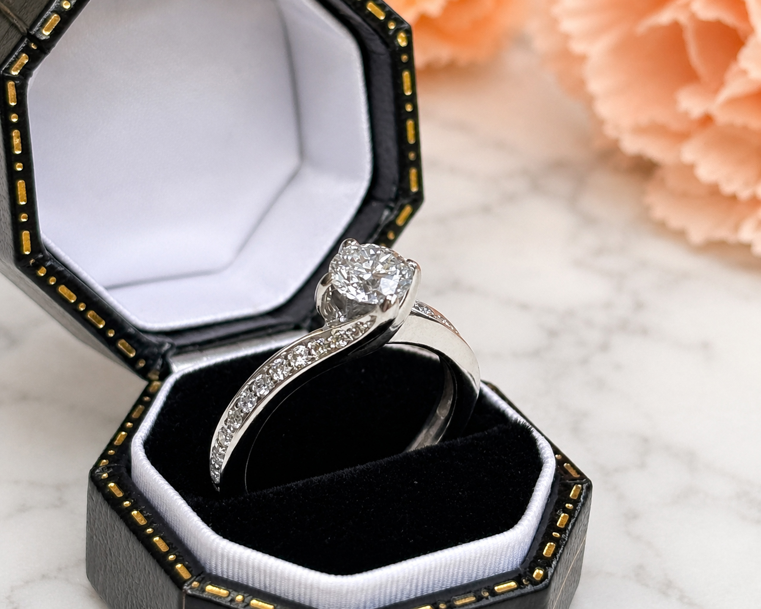 pre-owned Rox diamond ring 18ct white gold with 0.5ct stone for sale in Leeds, shown in a black box