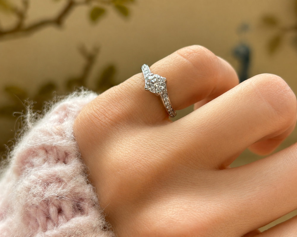 pre-owned Rox diamond ring 18ct white gold with 0.5ct stone for sale in Leeds, shown on model's hand