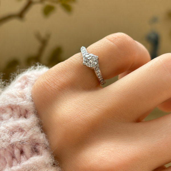 pre-owned Rox diamond ring 18ct white gold with 0.5ct stone for sale in Leeds, shown on model's hand